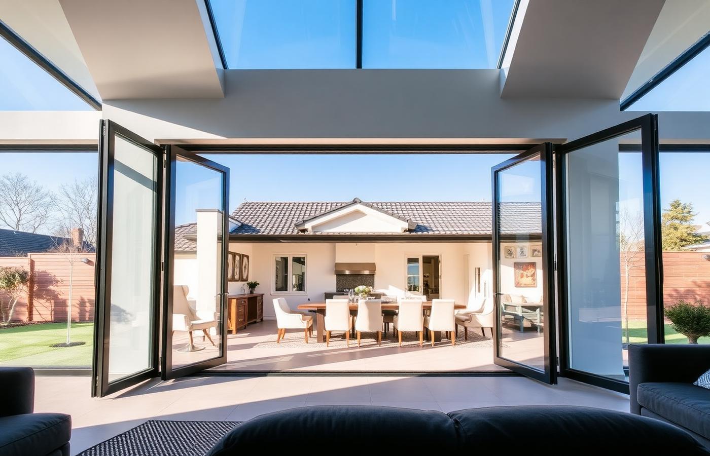 Multi-slide pocket patio doors opening to outdoor space